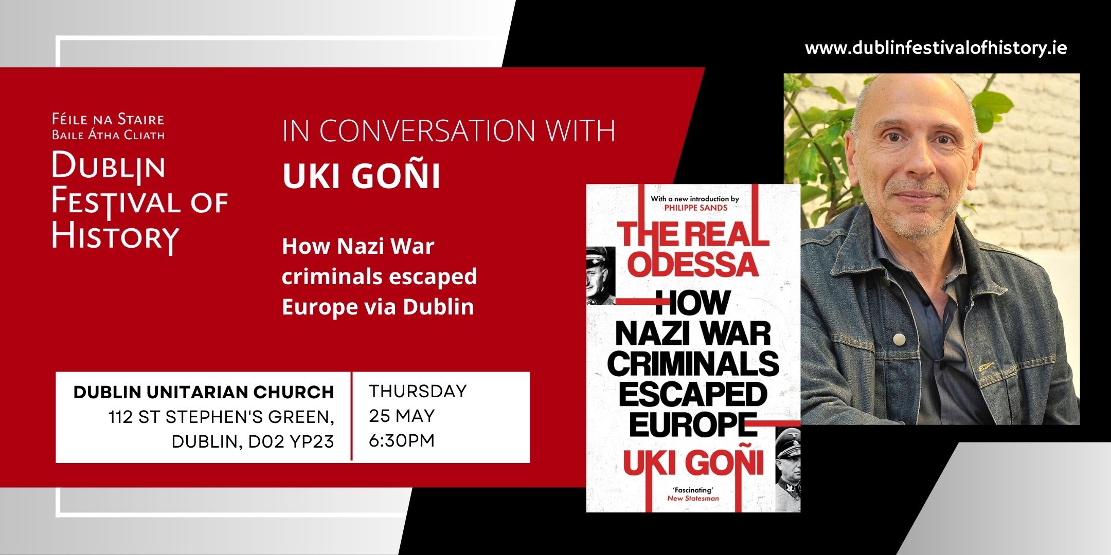 Image shows a photo of Uki Goni and the book cover for The Real Odessa: How Nazi War Criminals Escaped Europe, and providing event information.